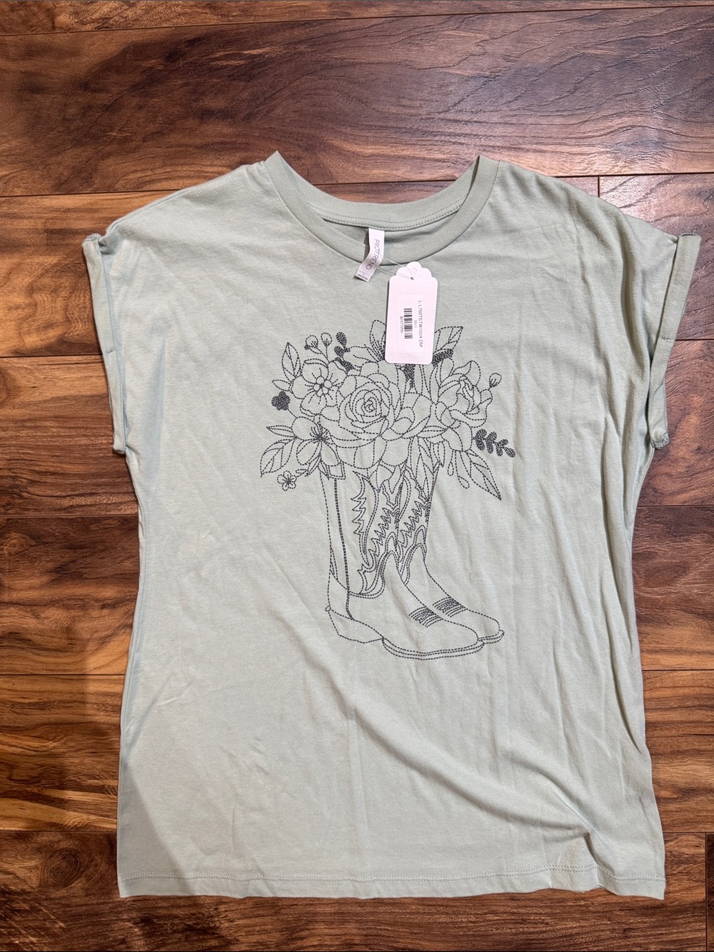 Graphic Floral Cowboy Boot Tee - Sage Green
